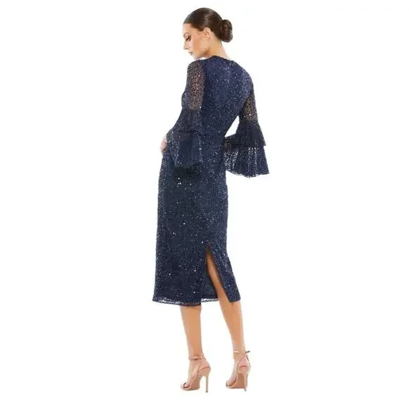 NWT MAC DUGGAL 10802 Navy Fully Sequined Ruffle Tiered 3/4 Sleeve Midi Dress - Picture 14 of 14